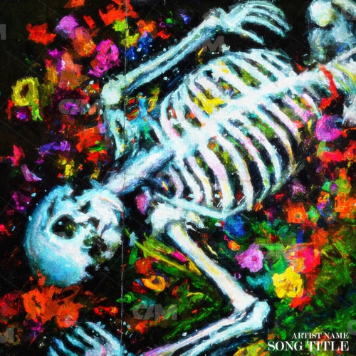 Skeleton laying in flowers watercolour style